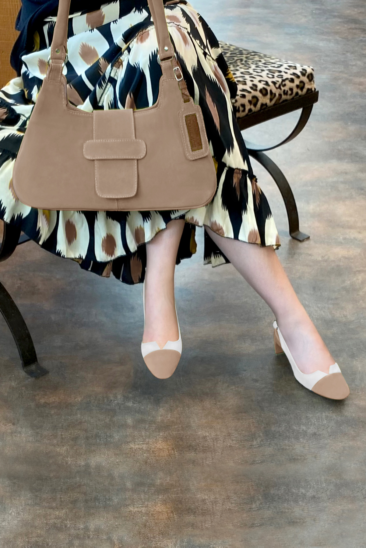 Tan beige and off white women's slingback shoes. Round toe. Medium comma heels. Worn view - Florence KOOIJMAN